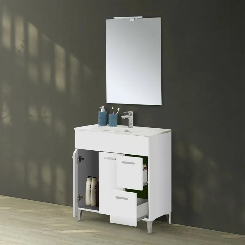 Mobiletto bagno da terra 80 bianco con lavabo e specchio LED Martha