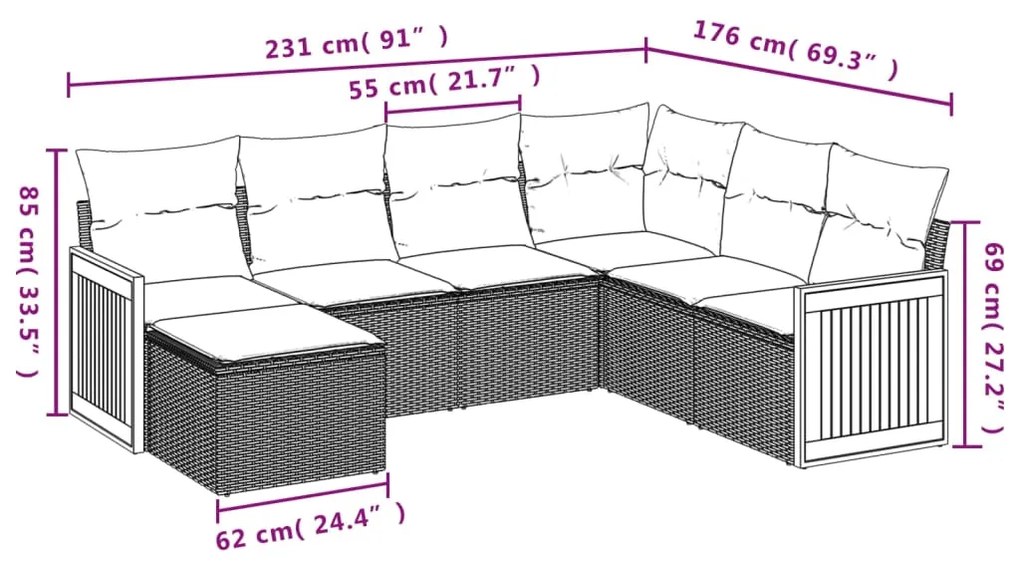 Set divani da giardino 7 pz con cuscini grigio in polyrattan