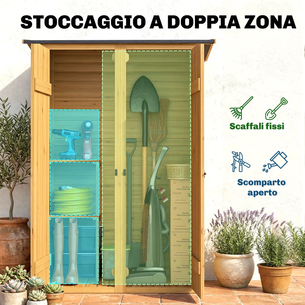 Capanno Armadio Porta Attrezzi da Giardino 115x53x156 cm con Ripiani Interni in Legno di Abete Marrone...