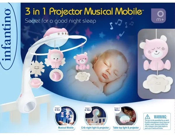 Infantino - Giostrina 3 in 1 con melodia, 3xAAA, rosa, per culla