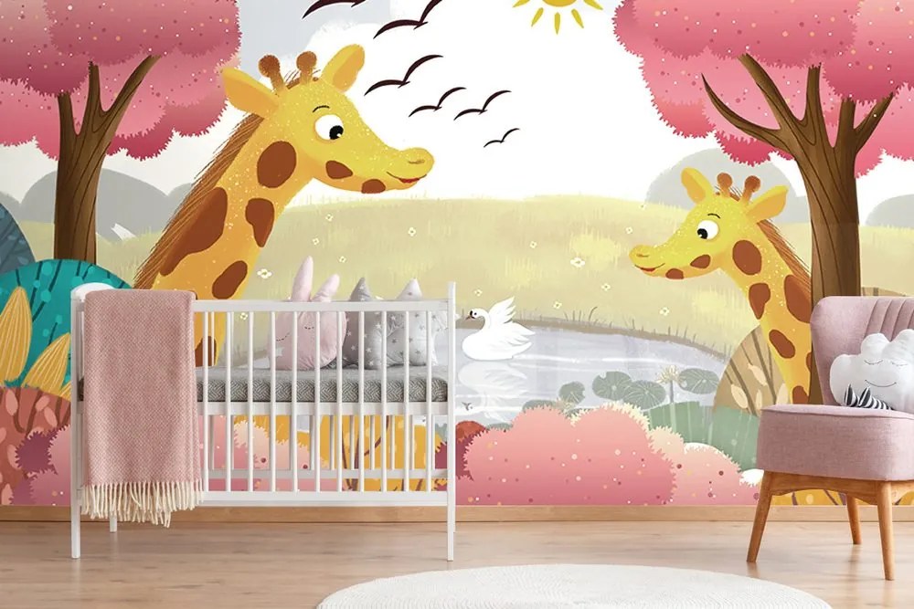 Carta da parati autoadesiva – Giraffe presso lo stagno