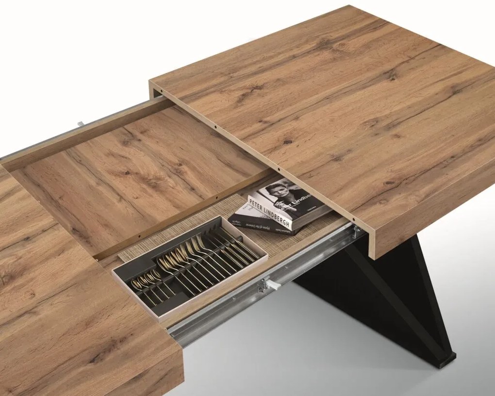 Tavolo VULCANO in legno, finitura rovere rustico con base in legno mdf antracite, allungabile 160×90 cm – 240×90 cm