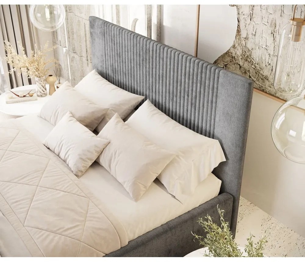 Letto matrimoniale imbottito grigio con contenitore con rete inclusa 180x200 cm Etero – Maison de Rêve