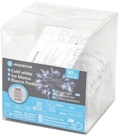 Aigostar - Catena luminosa natalizia a LED da esterno, 50 LED, 8 funzioni, 3x AA, 5 m, IP44, bianco freddo