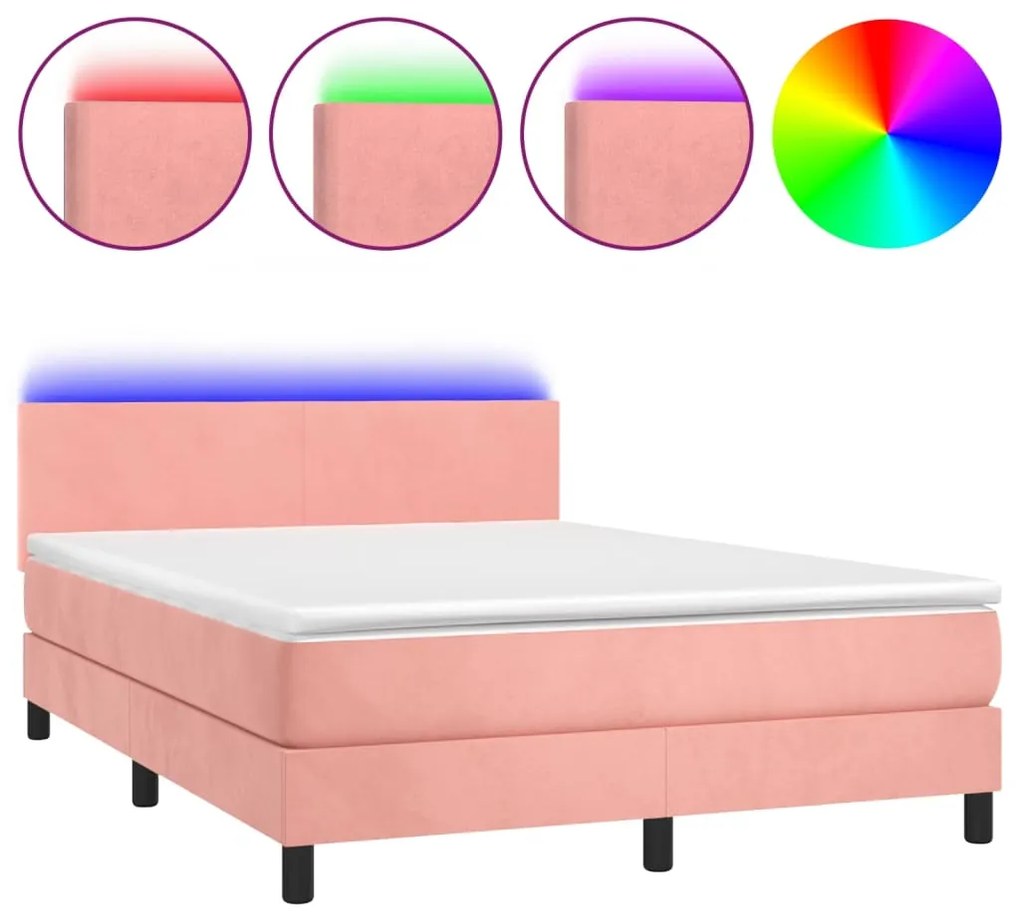 Letto a molle con materasso e led rosa 140x200 cm in velluto