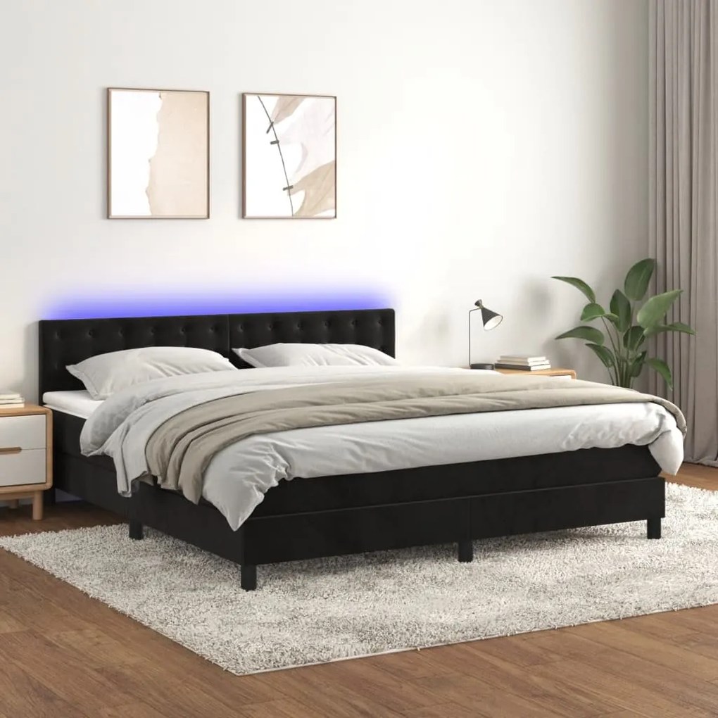 Letto a molle con materasso e led nero 180x200 cm in velluto