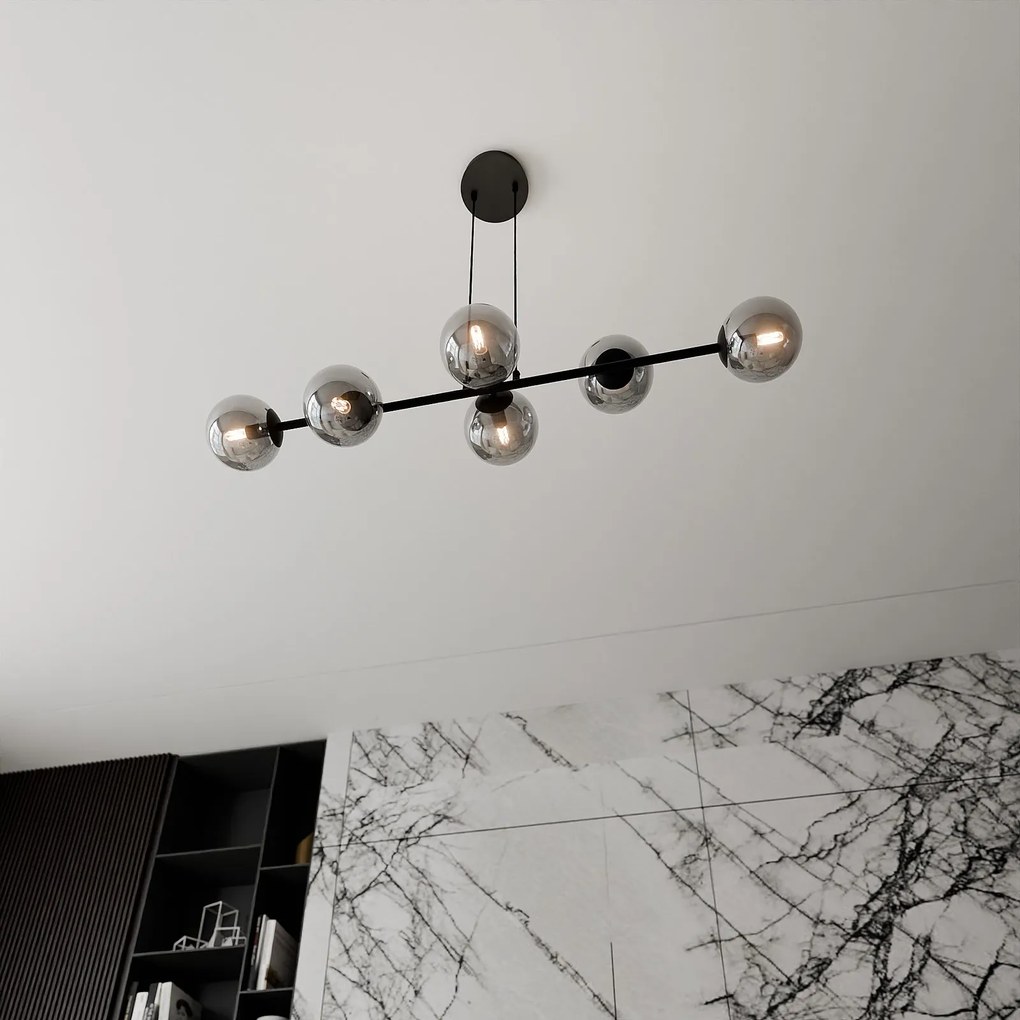 Lampadario Contemporaneo 6 Luci Rossi In Acciaio Nero E Sfere In Vetro Fumè