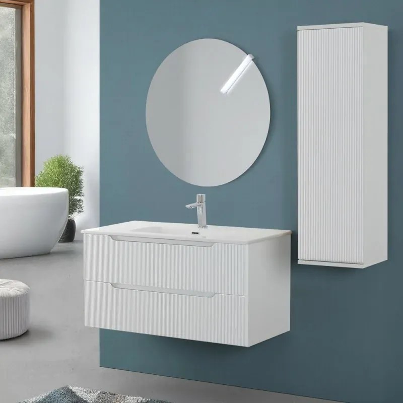 Mobile bagno sospeso 100 bianco cannettato doppi cassetto lavabo e specchio Wise