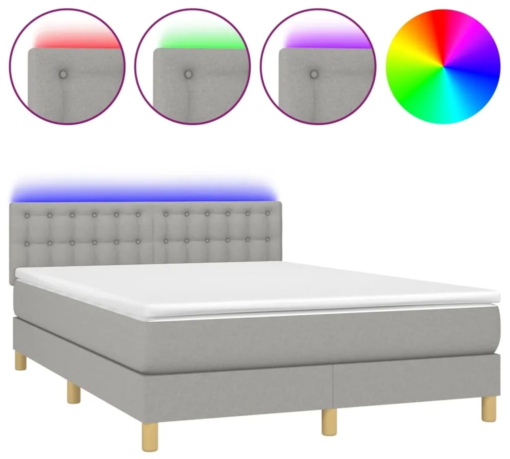 Letto a molle materasso e led grigio chiaro 140x190 cm tessuto