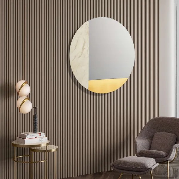 Specchio rotondo 80 cm marmo laminato avorio e foglia oro - THOMAS
