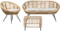 Set di divani a 3 posti con tavolino in rattan naturale beige chiaro con cuscino in cotone di media resistenza per interni, all'aperto, in stile bohmien,