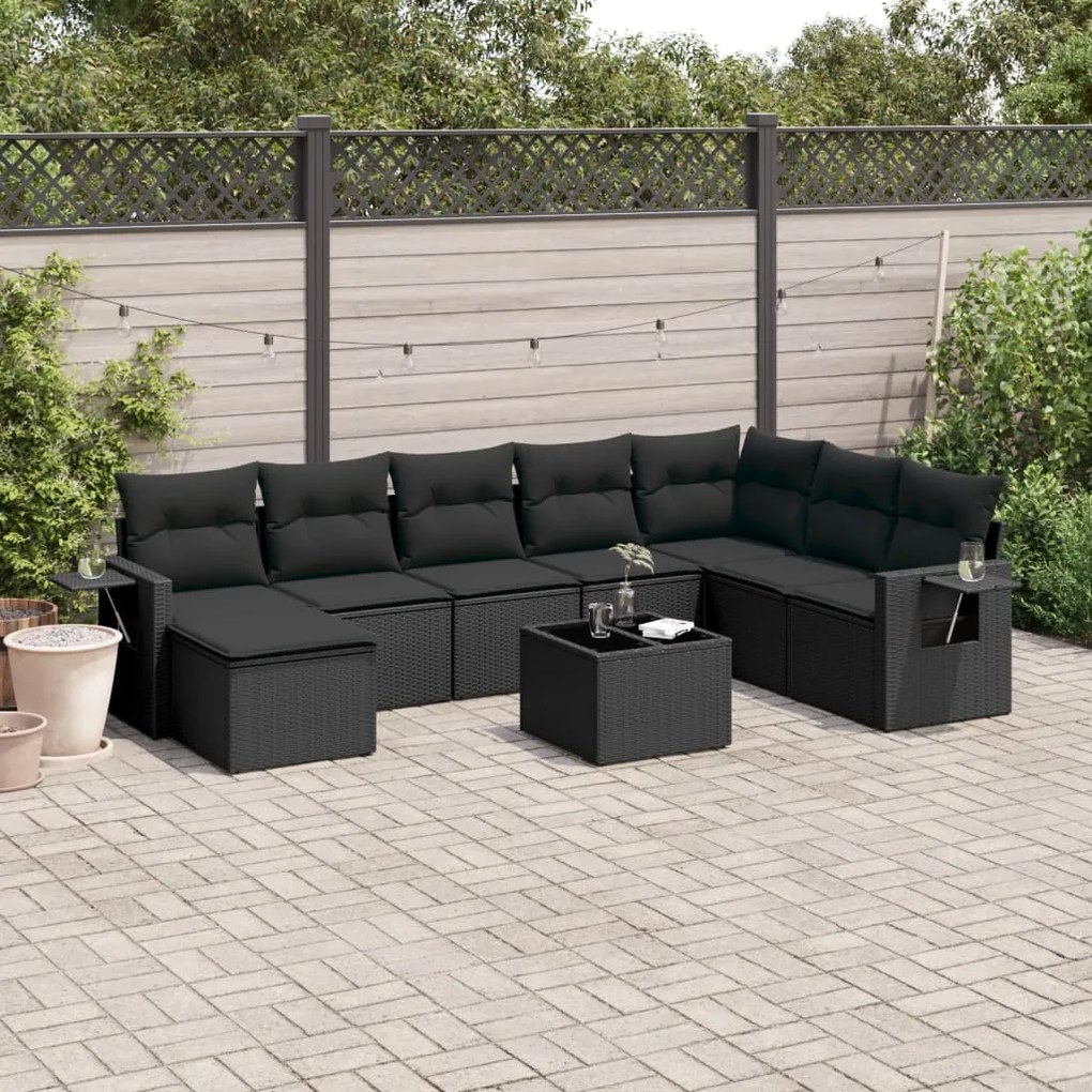 Set divani da giardino 9 pz con cuscini nero in polyrattan