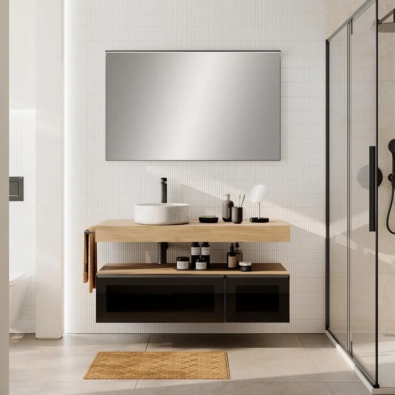 Mobile da bagno sotto lavabo Star rovere - nero/vetro dark grey L 120.3 x H 30 x P 46 cm 2 cassetti, lavabo non incluso