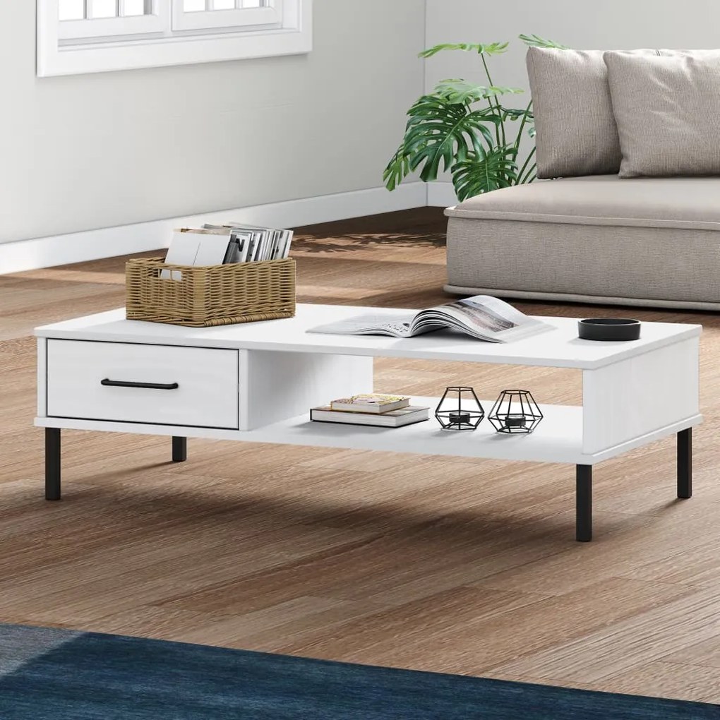 Tavolino Salotto Gambe Metallo Bianco Legno Massello Pino Oslo /