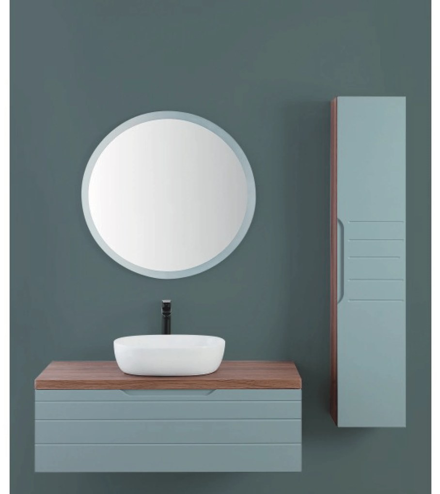 Mobile Bagno Sospeso 110 Cm Un Cassetto Specchio Con Illuminazione Led Feridras "Amalfi" Noce Canaletto/Verde Salvia