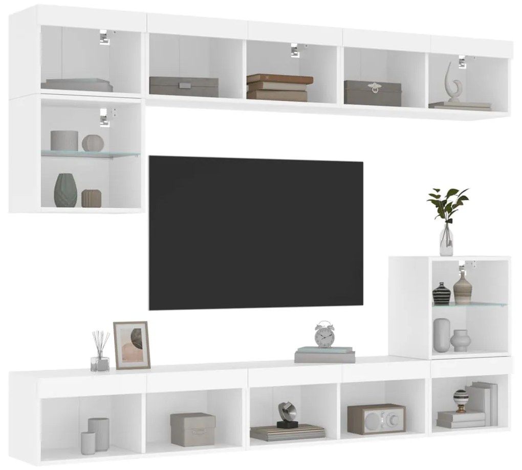 Mobili tv a muro con led 8pz bianchi in legno multistrato