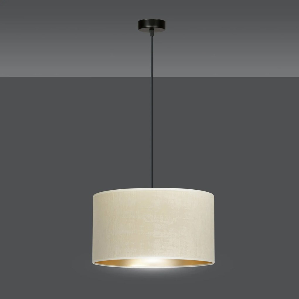 Sospensione 1 Luce Hilde In Acciaio Nero E Paralume In Tessuto Beige