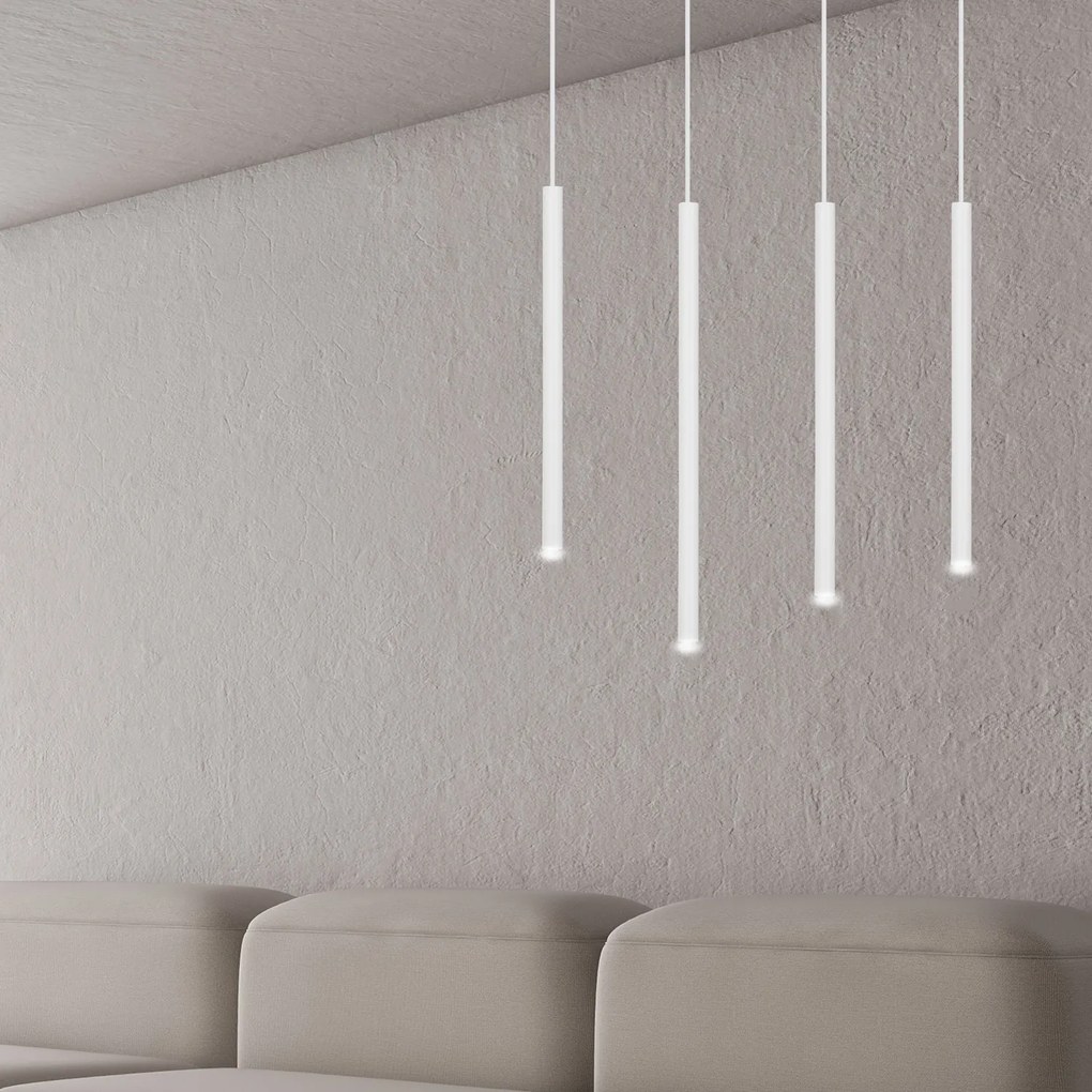 Lampadario 4 Luci Moderno Shu Acciaio Bianco E Paralumi A Cilindri Sottili