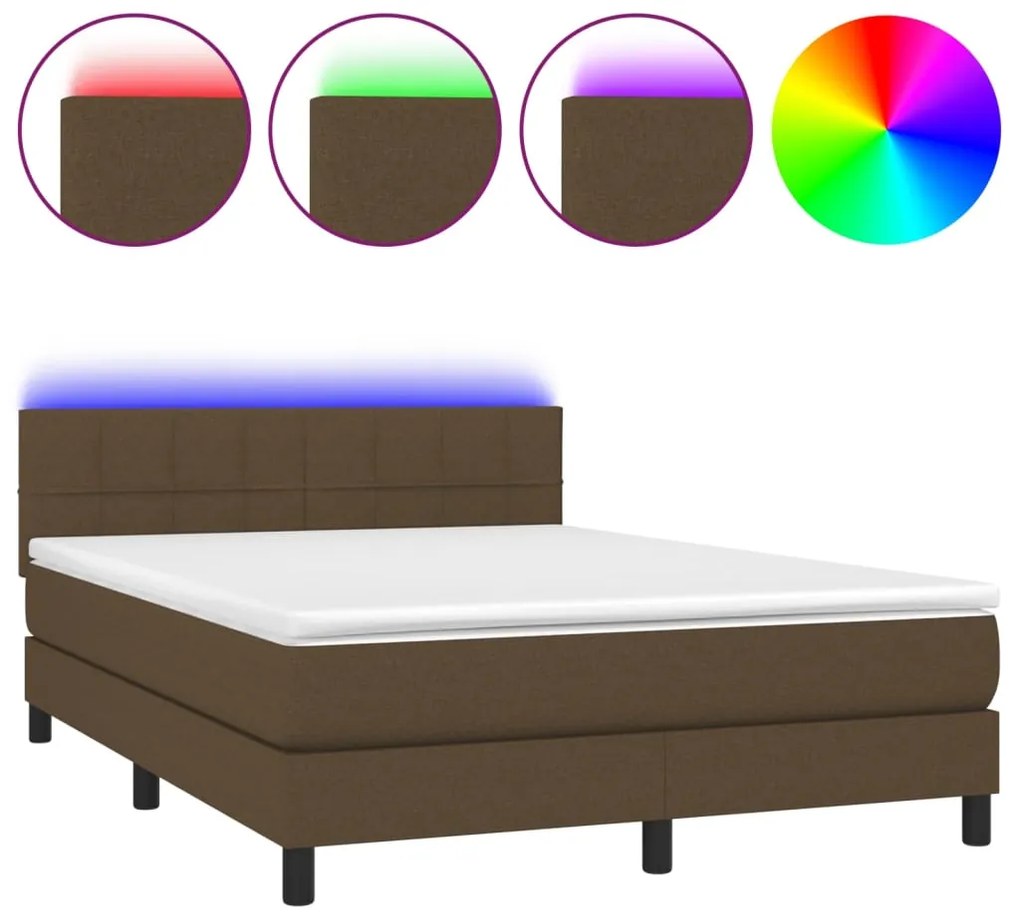 Letto a molle materasso e led marrone scuro 140x200 cm tessuto