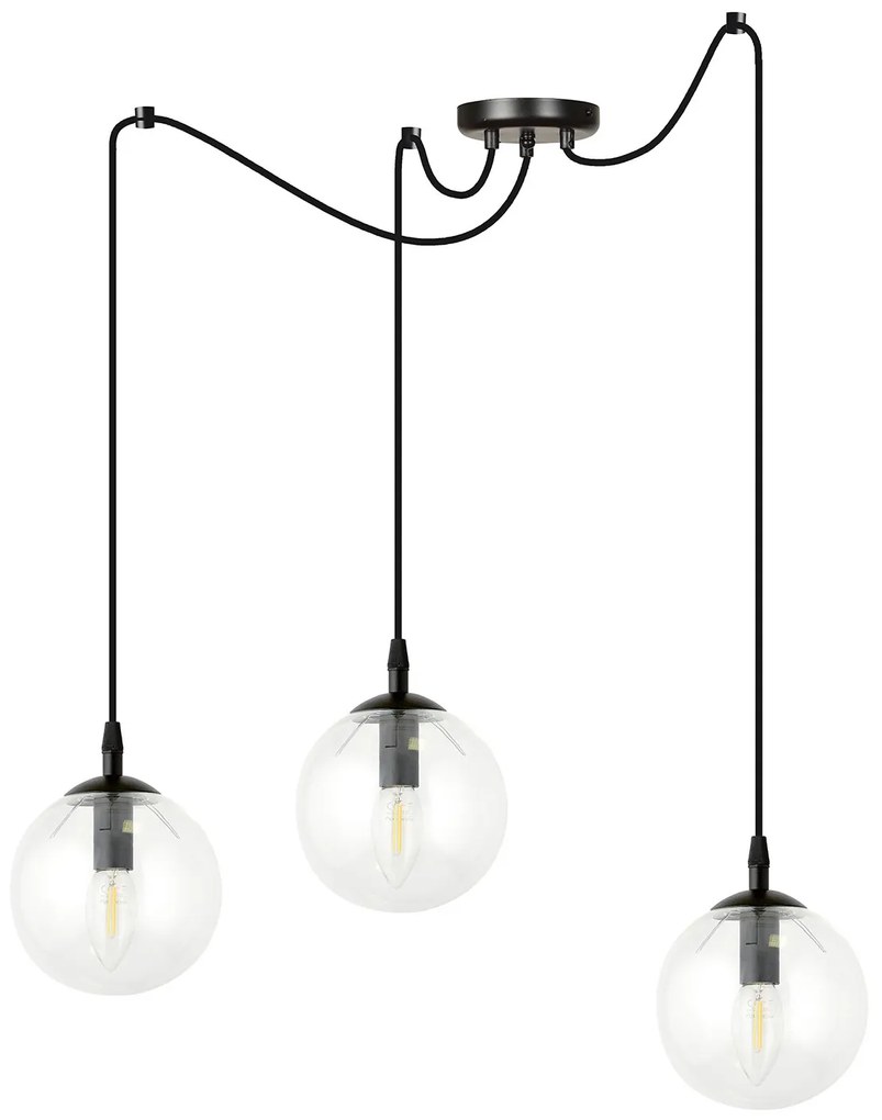 Lampadario 3 Luci Ginevra In Acciaio Nero Con Cavo Lungo E Vetri Trasparente