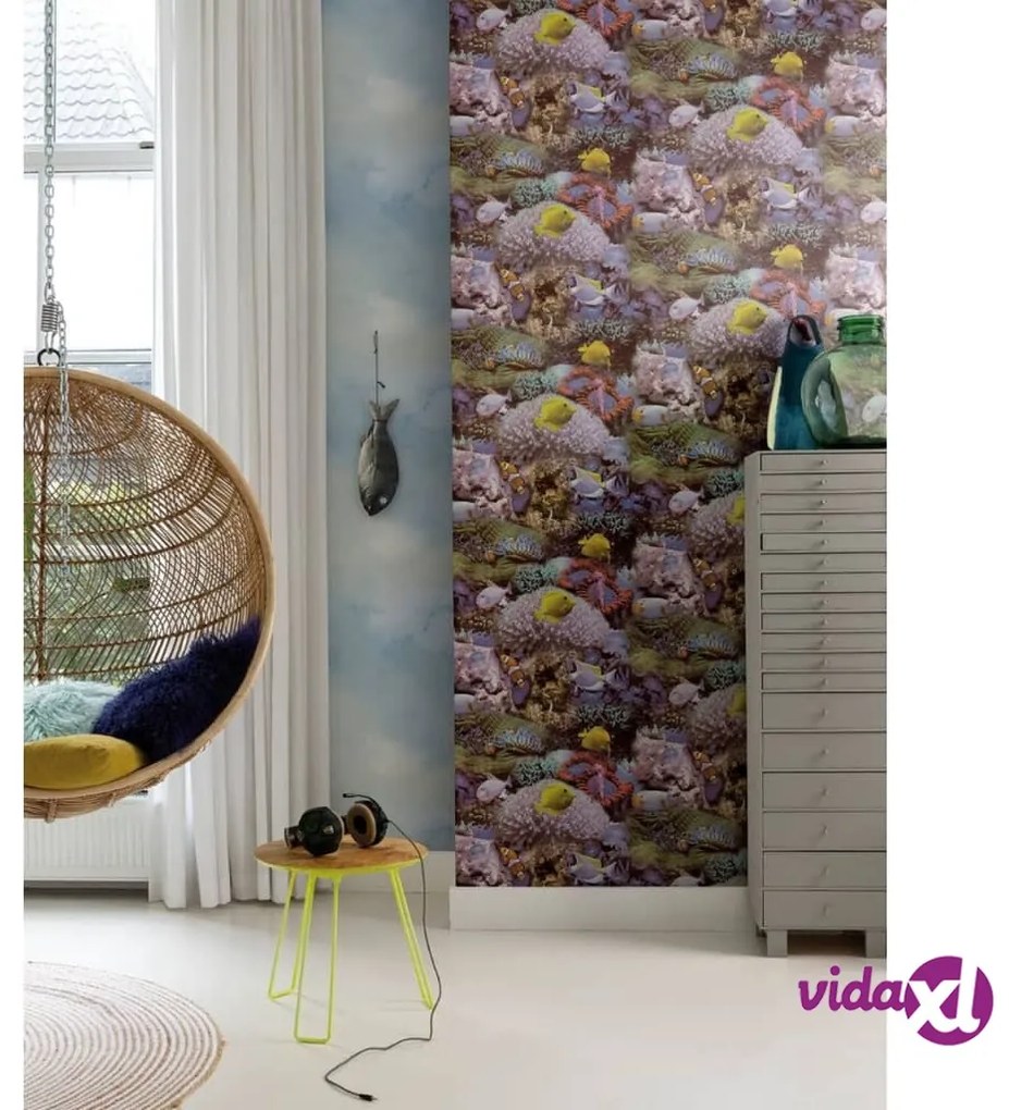 Noordwand Good Vibes Carta da Parati Coral and Tropical Fish Gialla e Viola