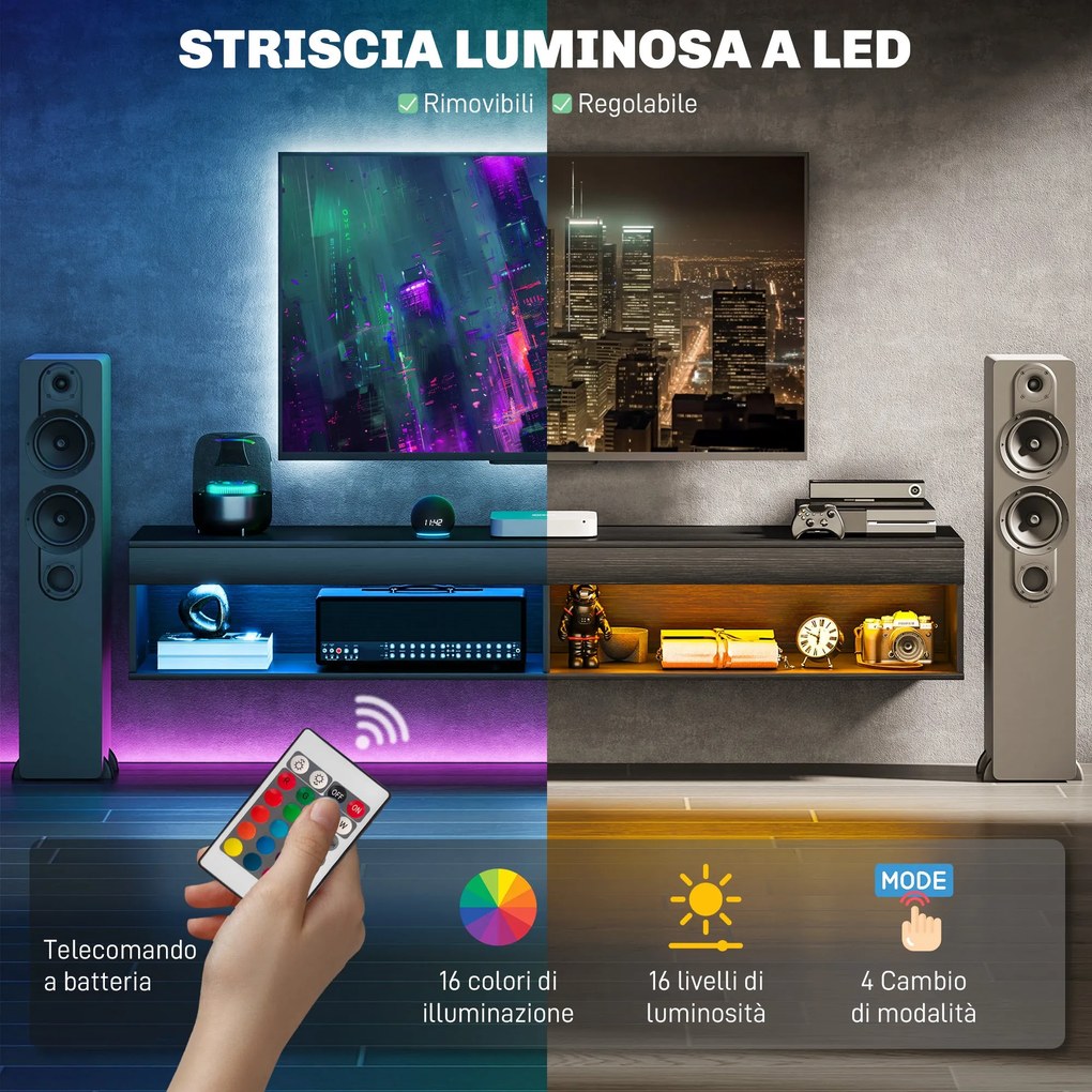 Mobile TV fino 75" Sospeso con Luci LED 16 Colori e Telecomando 180x40x30 cm Nero...