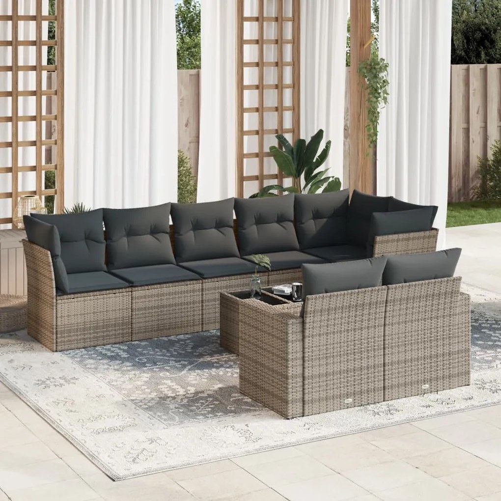 Set divano da giardino 9 pz con cuscini grigio in polyrattan