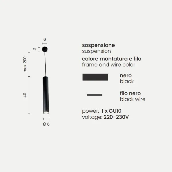 Lampada a sospensione D6 cm in alluminio verniciato a polvere Nero FILO - Grande