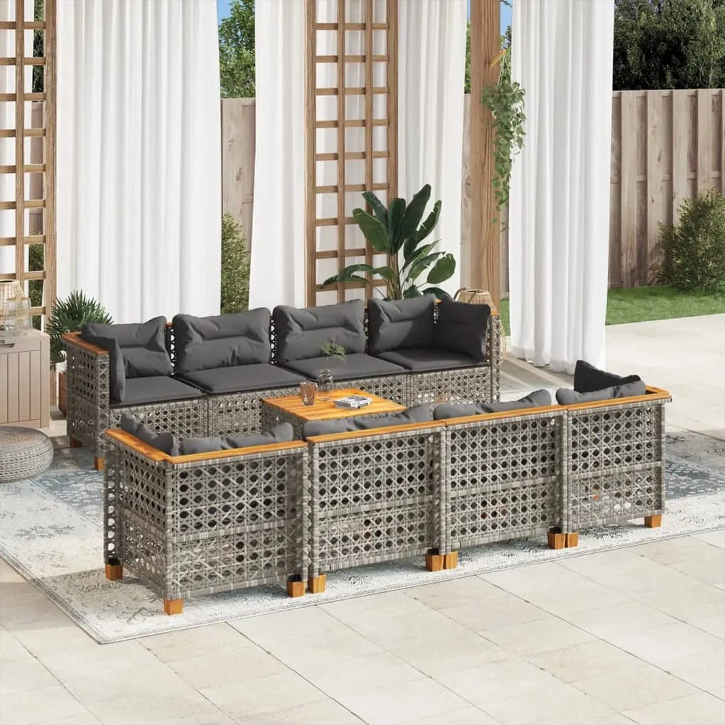 Set divano da giardino 9 pz con cuscini grigio in polyrattan