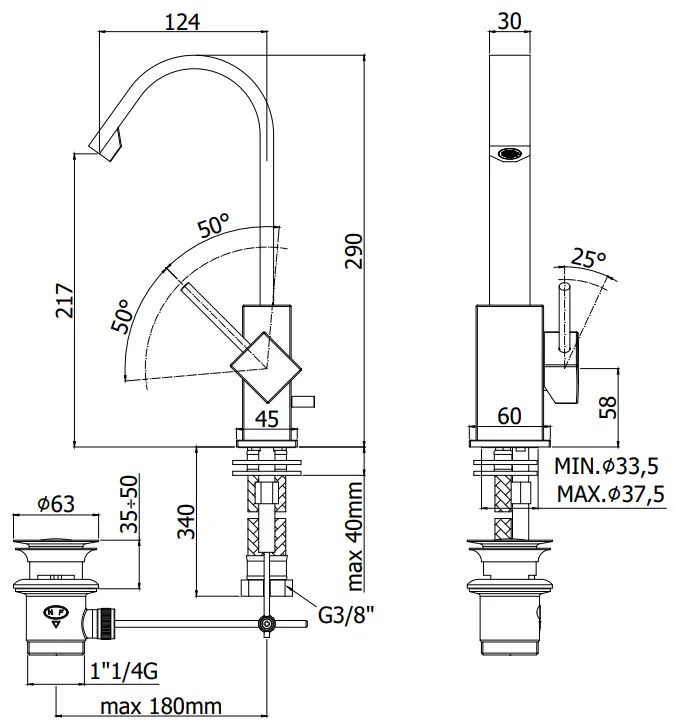 Paffoni Level Lea878st Miscelatore Lavabo Girevole Canna Piatta senza scarico Steel Acciaio