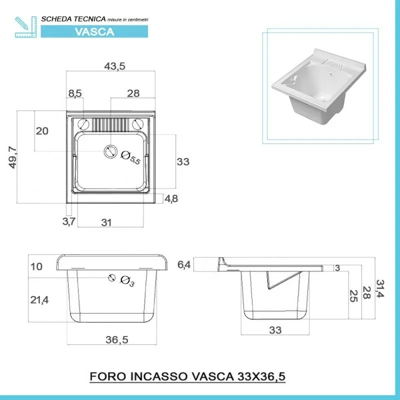 Lavatoio con mobile 45x50 cm grigio vasca in resina completa di asse