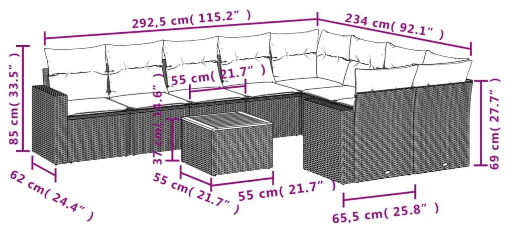 Set divano da giardino 10 pz con cuscini beige in polyrattan