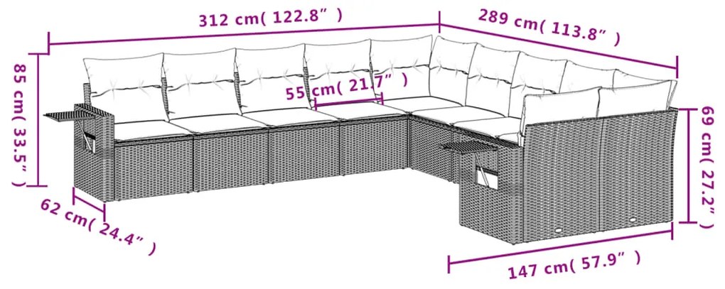 Set divano da giardino 10 pz con cuscini grigio in polyrattan