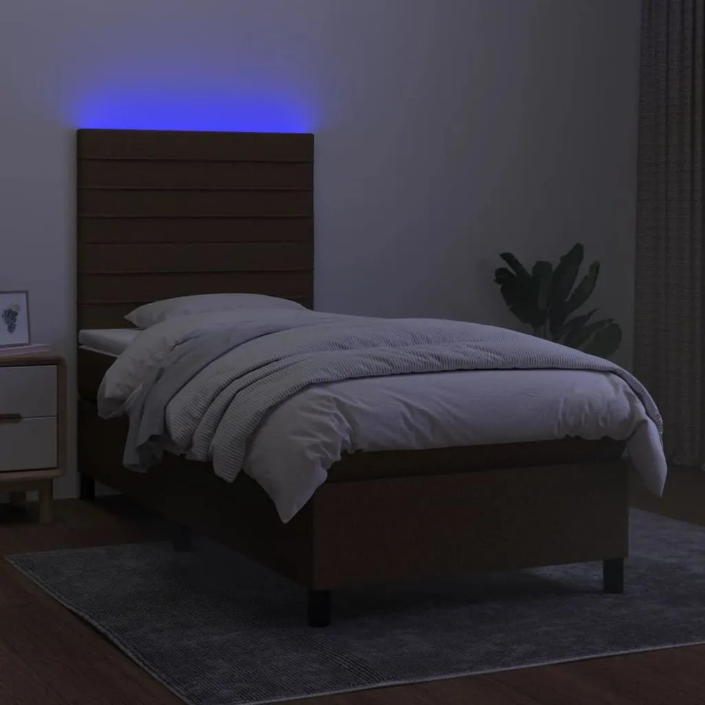 Letto a molle materasso e led marrone scuro 90x190cm in tessuto