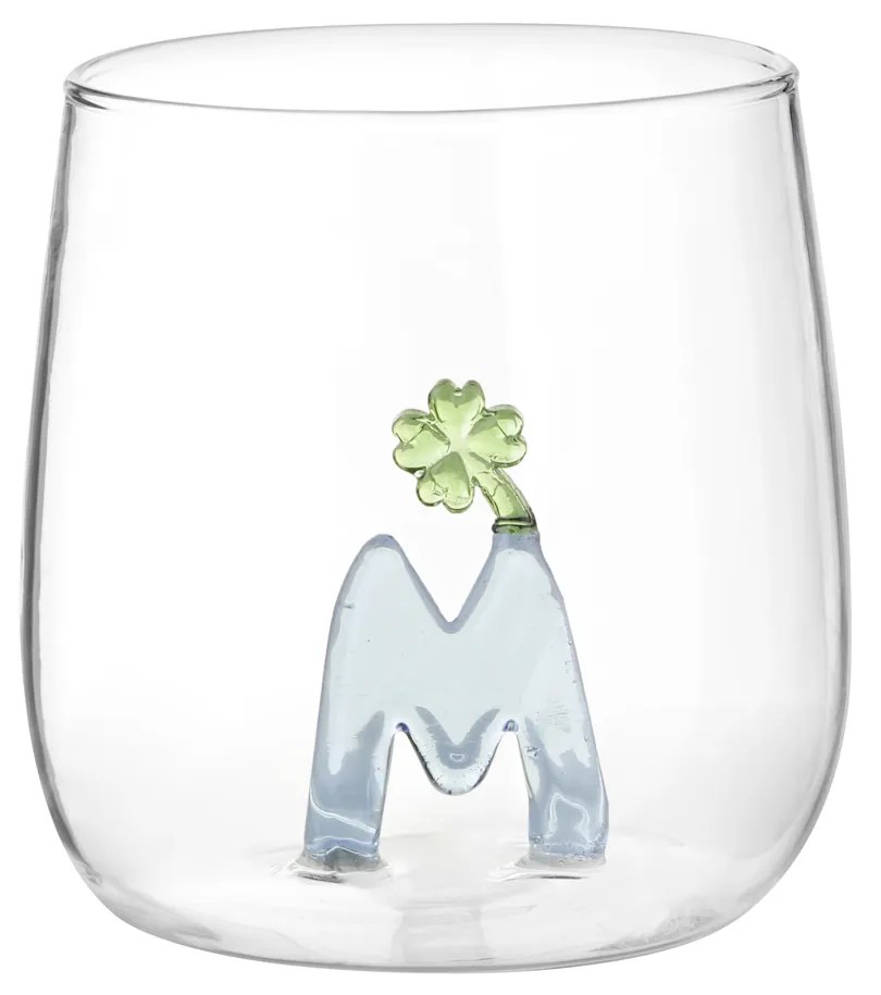 Bicchiere lettera M quadrifoglio 380 ml in vetro borosilicato