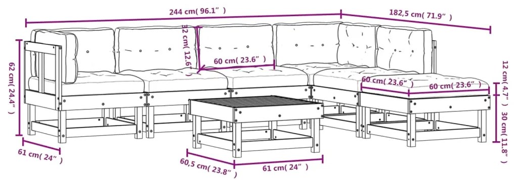 Set Divani da Giardino 7pz con Cuscini in Legno Massello Grigio