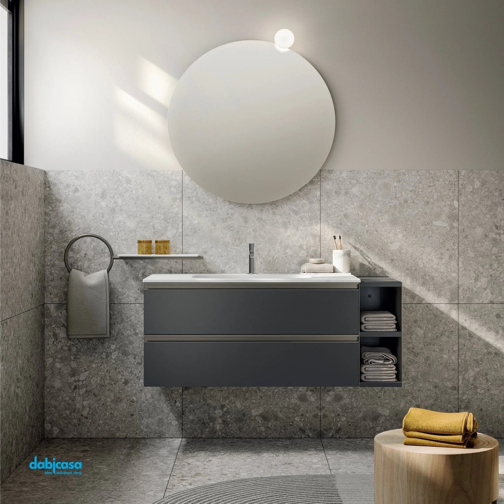 Mobile Bagno Sospeso "KA05" Da 100 Cm Composto Da Due Cassetti C/Vano a Giorno Lavabo E Specchio Con Lampada Led Finitura Ardesia