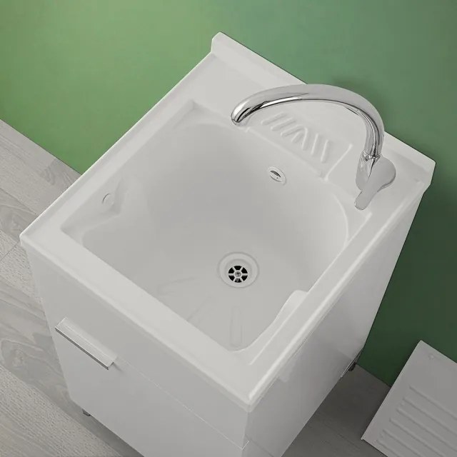 Mobile lavatoio 45x50 bianco con vasca in resina completo di asse lavapanni