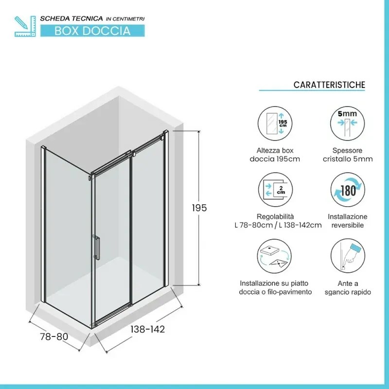 Box doccia angolare 80x140 cm scorrevole con profilo nero opaco  Tay