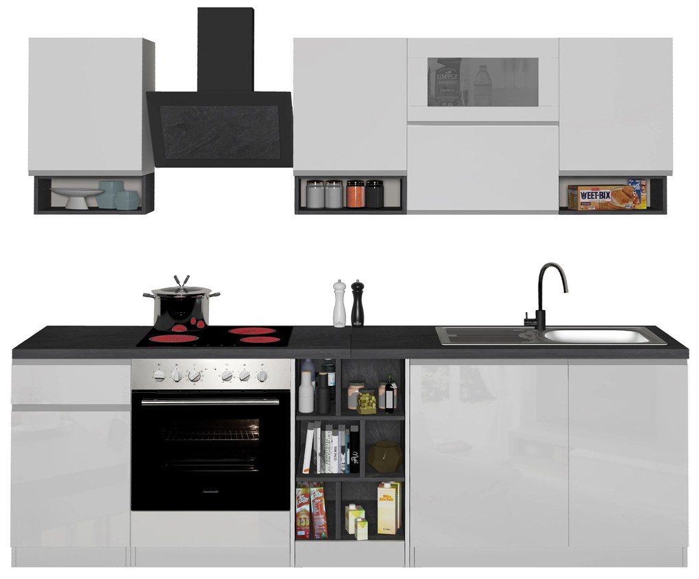 Cucina Lineare SOLE 256 cm - Bianco e Report, Design Moderno Made in Italy