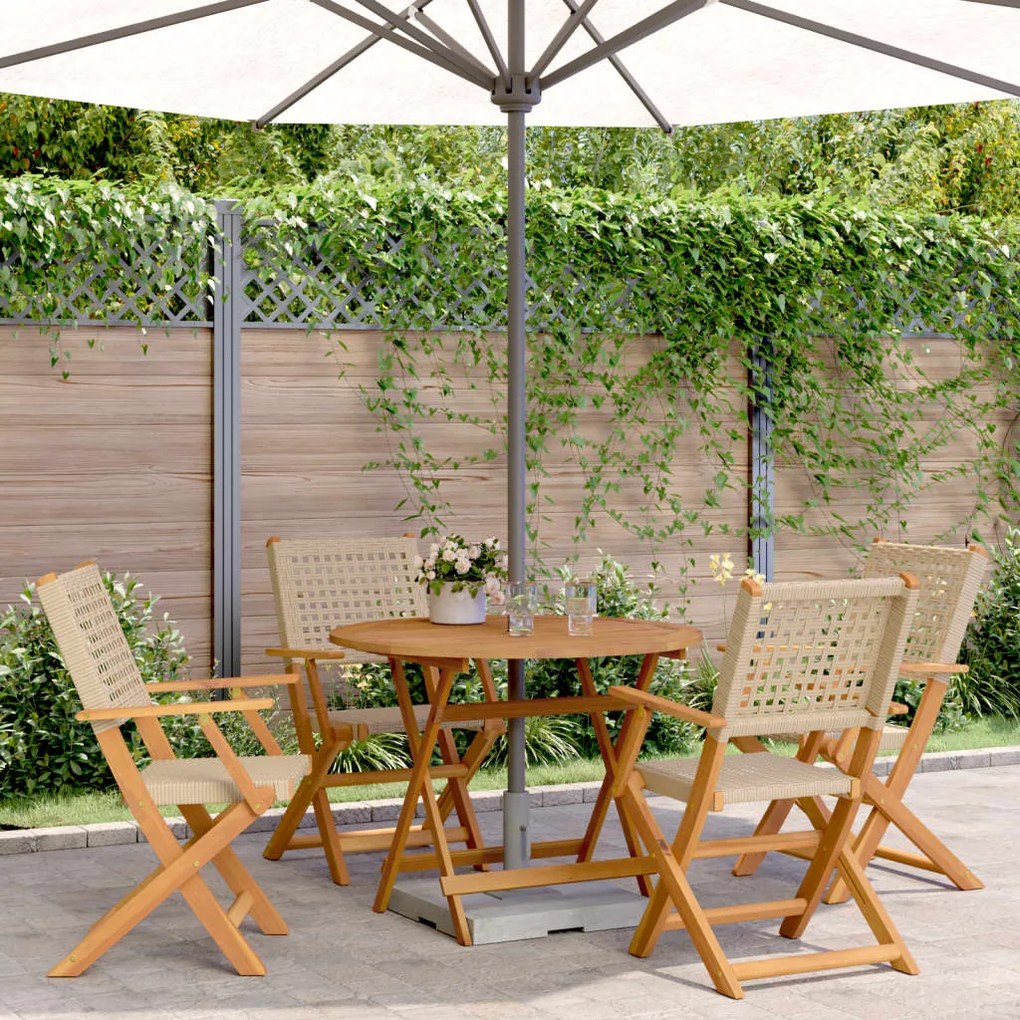 Set Pranzo Da Giardino 5 Pz Beige Polyrattan E Legno Massello /
