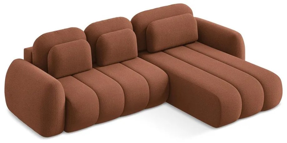 Divano angolare color terracotta allungabile/con contenitore (con penisola a destra/con chaise lounge) con rivestimento in bouclé Pele – Makamii