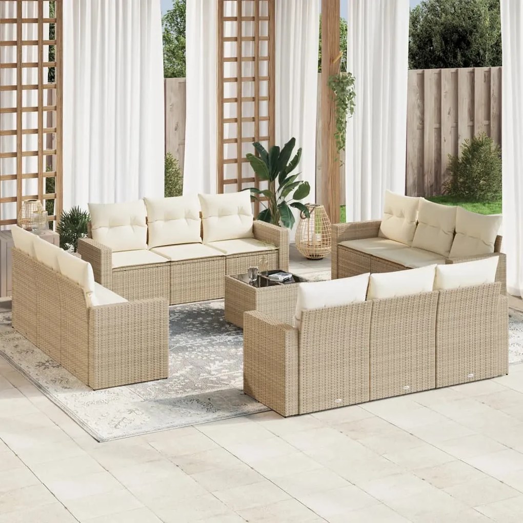 Set divano da giardino 13 pz con cuscini beige in polyrattan