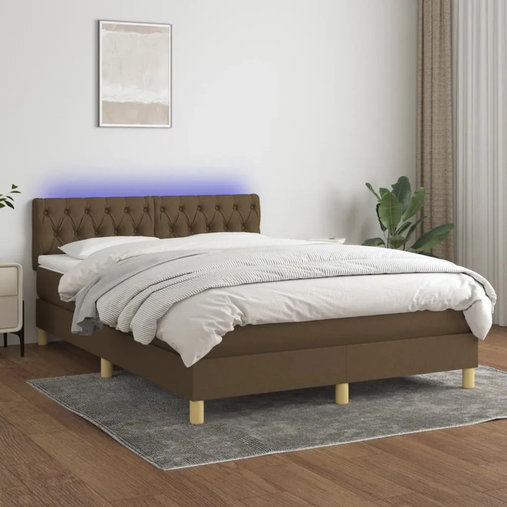 Letto a molle materasso e led marronescuro 140x190cm in tessuto