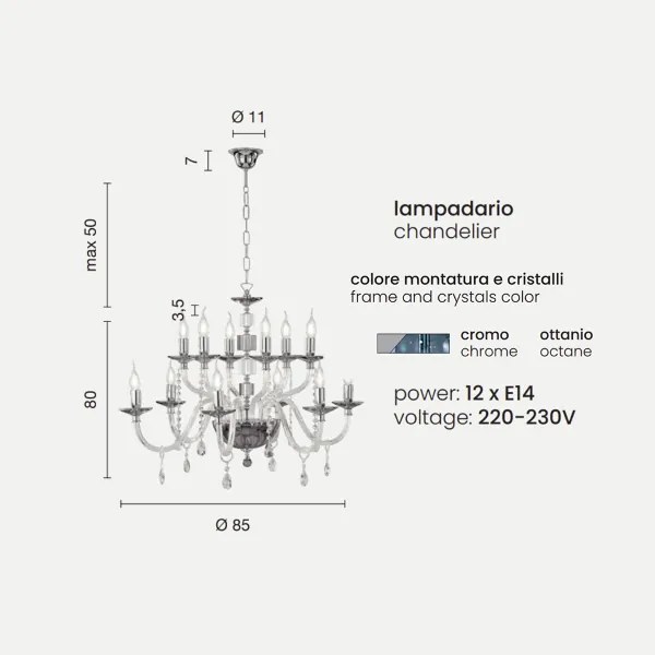 Lampadario sospeso LIVIA D85 cm in vetro e cristallo Ottanio 12 luci