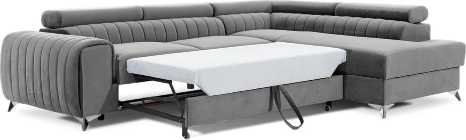 Divano angolare grigio allungabile/con contenitore (con penisola a destra/a L) e rivestimento in velluto Laurence – ELTAP