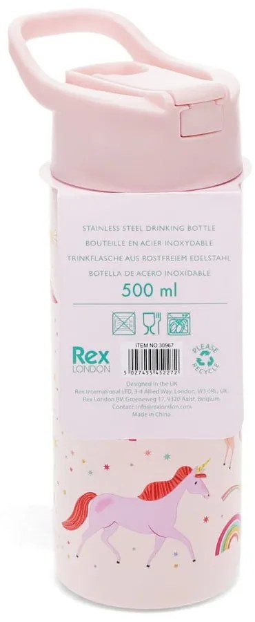 Bottiglia per bambini rosa chiaro in acciaio inox 500 ml Unicorn – Rex London