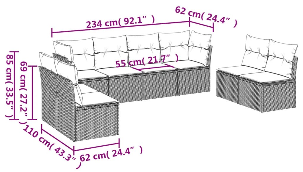 Set Divano da Giardino 8 pz con Cuscini Beige in Polyrattan