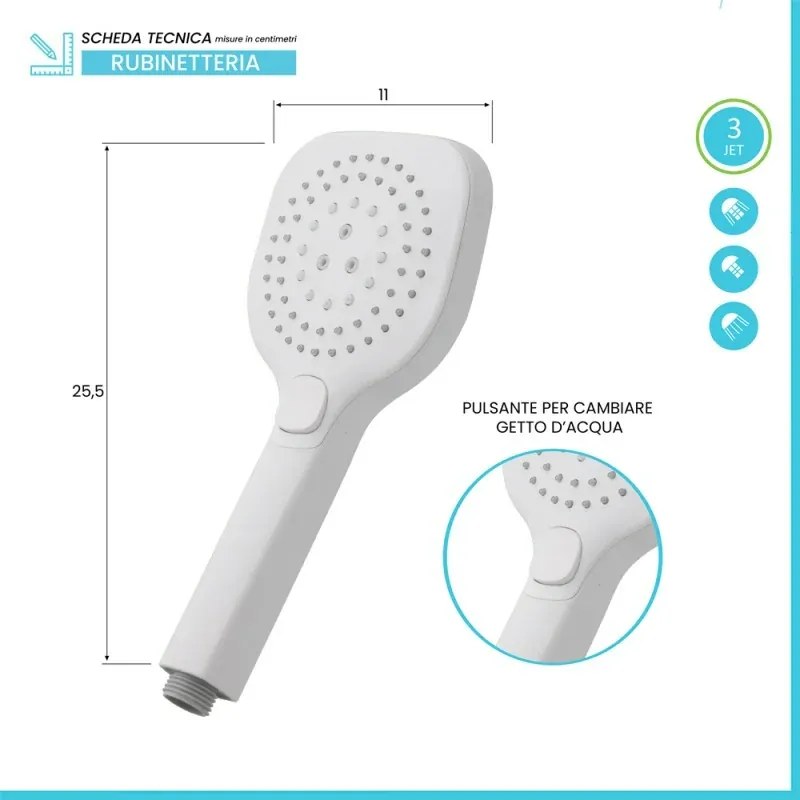 Doccino arrotondato 26 cm con tre tipi di getto bianco opaco in ABS Hidra
