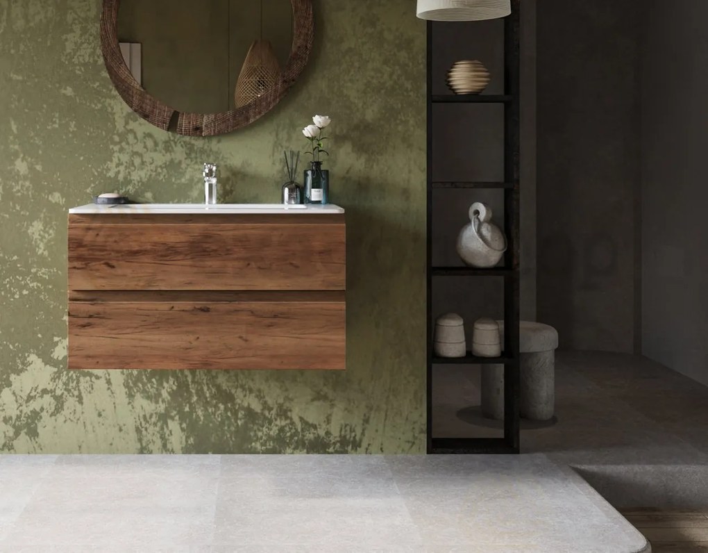 Mobile bagno noce chiaro 90x45 Pesaro sospeso a due cassetti con lavabo in ceramica